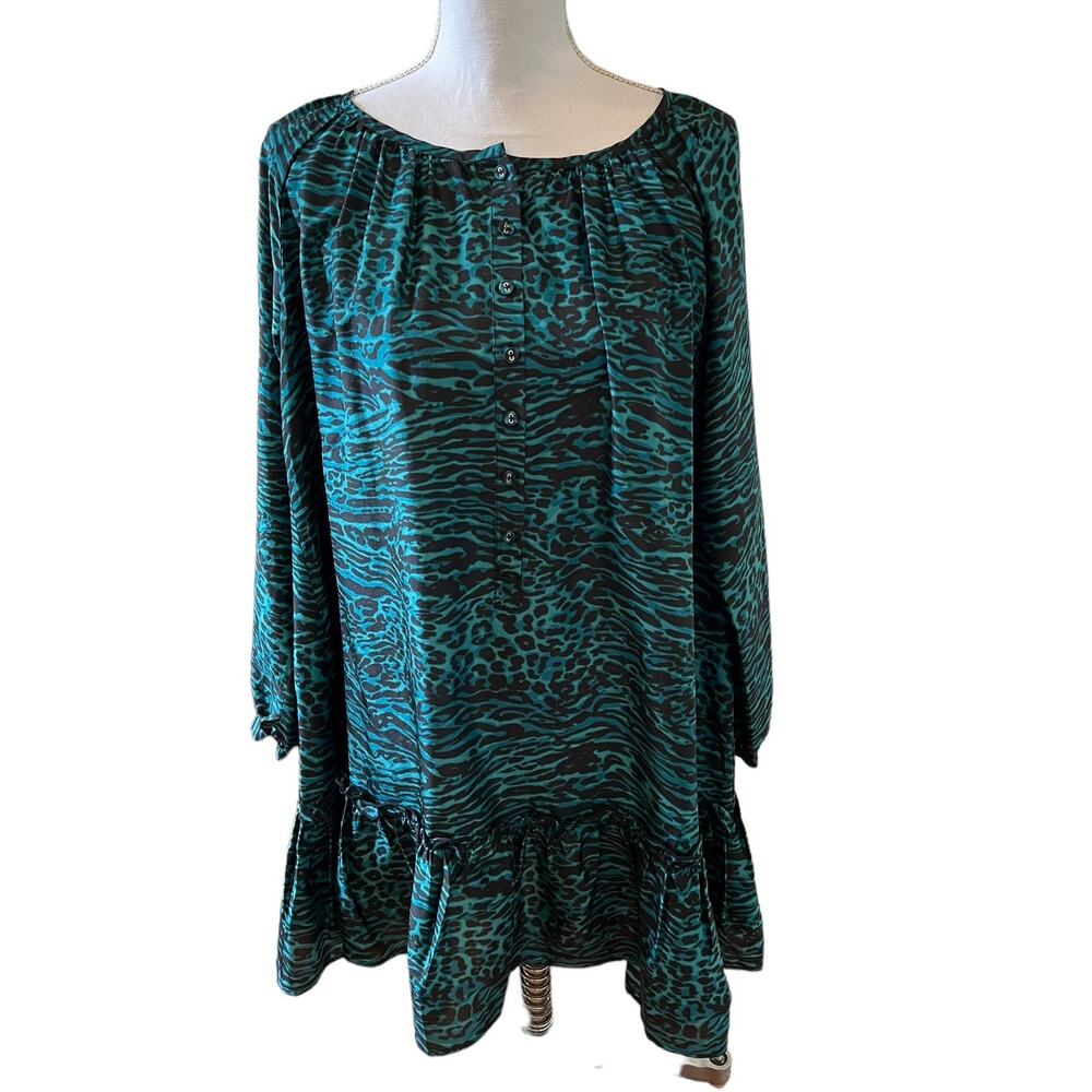 Johnny Was Green silk Tiger Stripe Long Sleeve Ruffle Mini Dress S